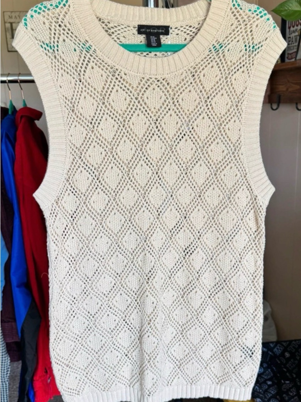 Art of Rhetoric Cream Crochet Knit Sleeveless Tank Cotton Sweater